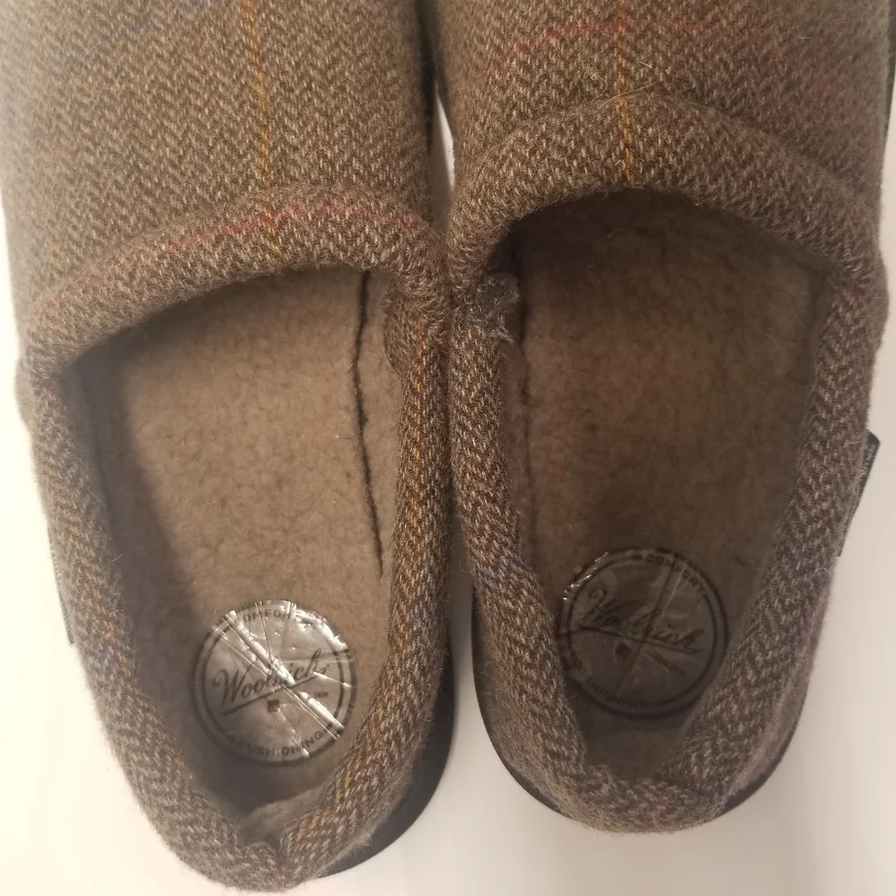 Woolrich Mens Size 12 Moccasin Slipper Tan Wool Tweed Sherpa Lining Comfort
